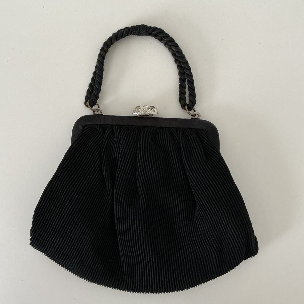 Vintage Black Pleated Evening Purse Bag Decorative Clasp Top Handle MCM 70s